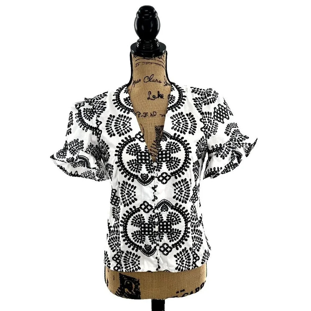 Zara Top Womens Small S Embroidered Black Puff Flare Short Sleeve Blouse Boho
